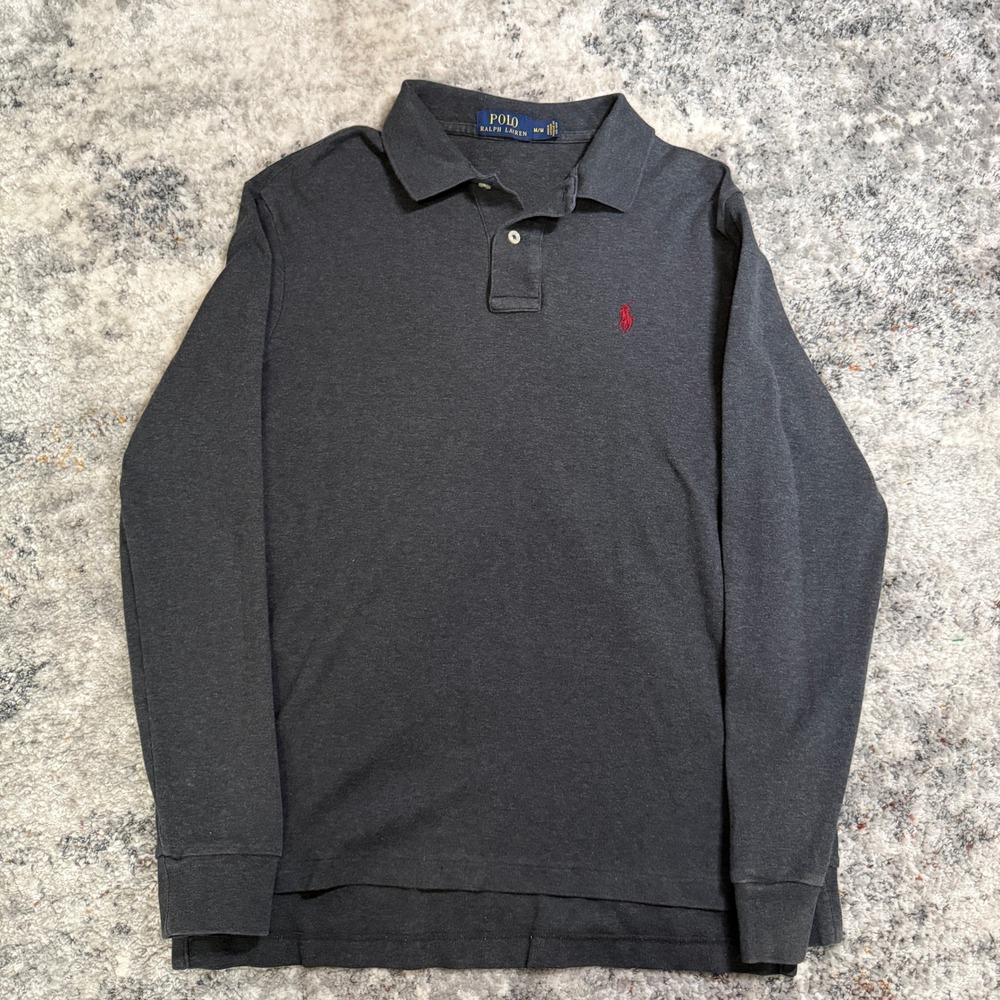 Polo Ralph Lauren Mens Long Sleeve Polo Shirt Charcoal Gray Red Pony Logo Size M